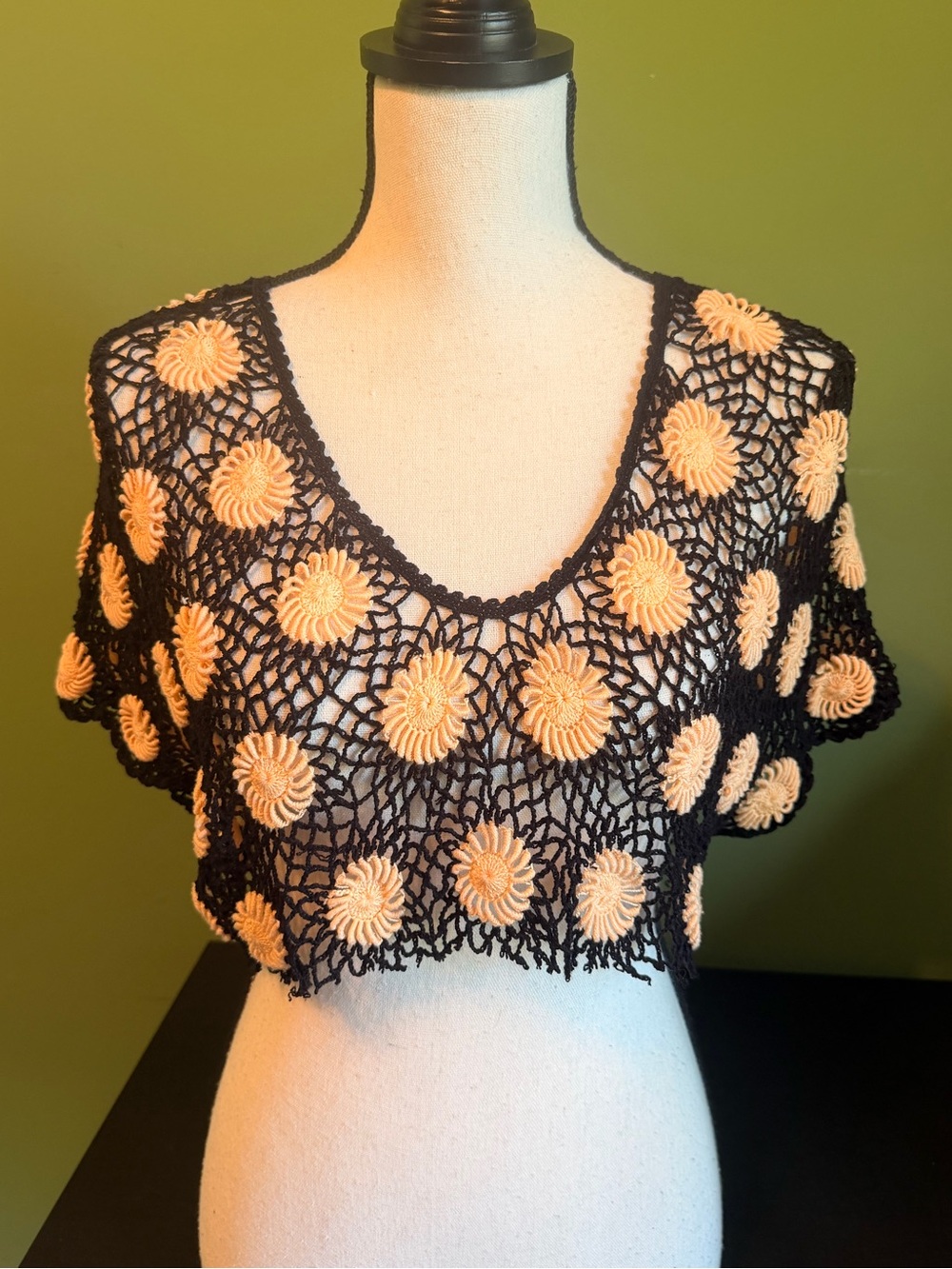 Crochet Floral Overlay Top - Black with Peach Accents